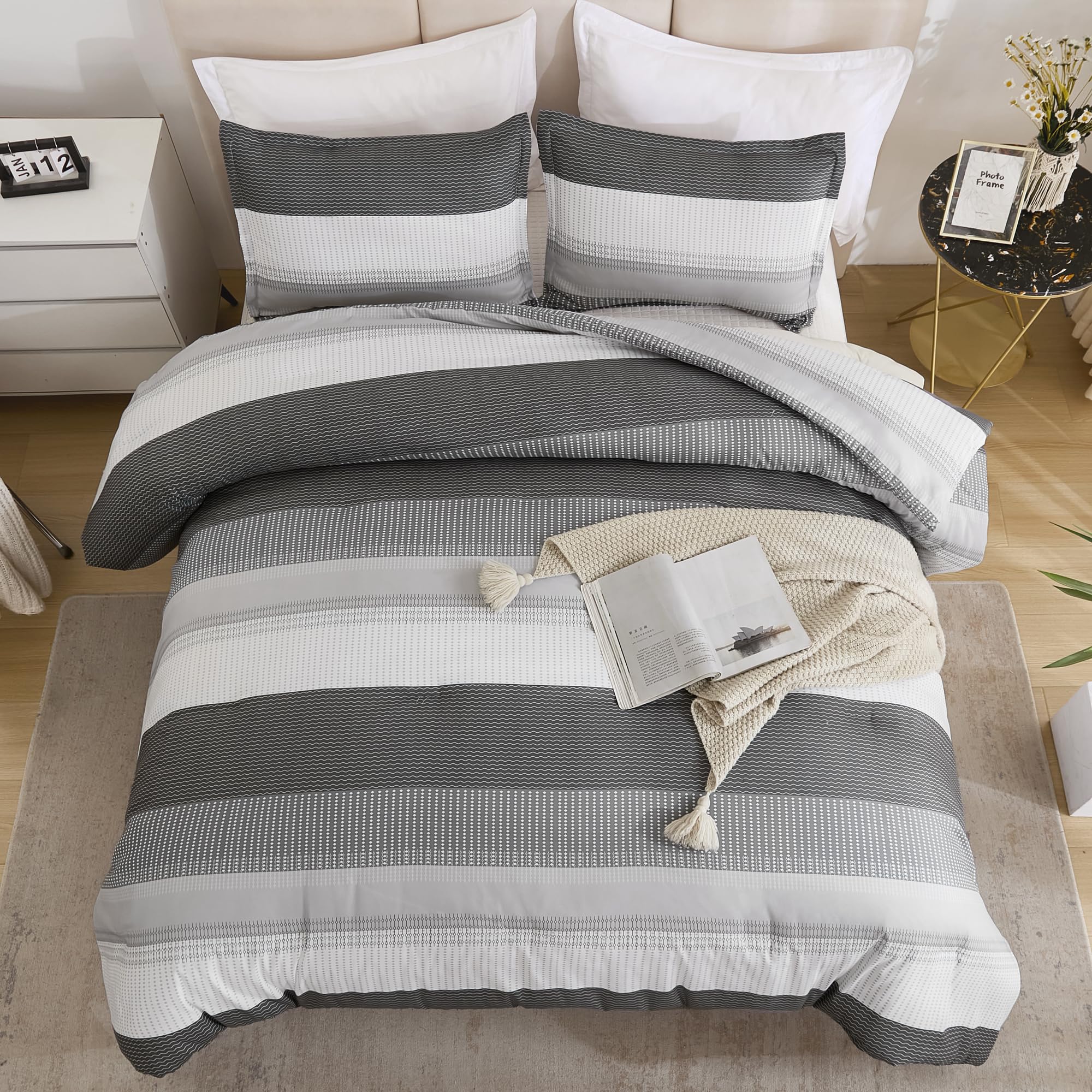Litanika Dark Grey California King Comforter Set - 3 Pieces Cal King Oversized Lightweight Summer Colorblock Stripe Bedding Set